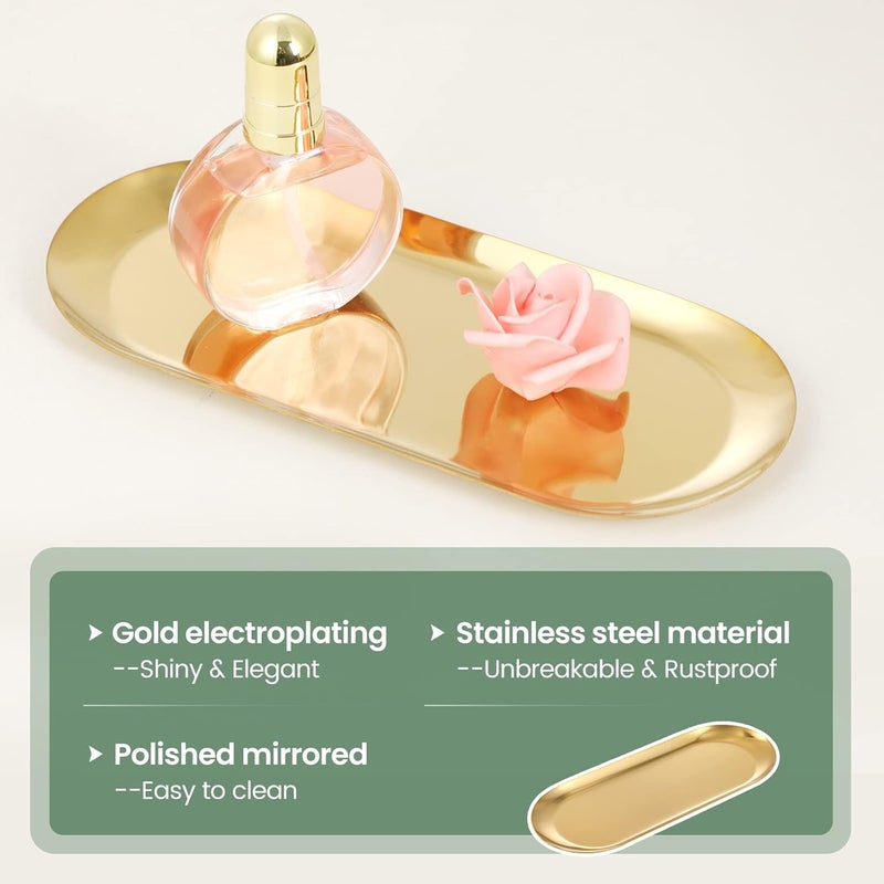 Wikapy 2PACK Gold Decorative Tray, Bathroom Vanity Tray for Dresser Counter, Stainless Steel Jewelry Dish Tray for Decor, Perfume Ring Key Candle Organizer Tray, Oval - Image 2